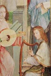 Die Verkündigung, Detail von zwei Engeln, die Instrumente spielen (Detail)